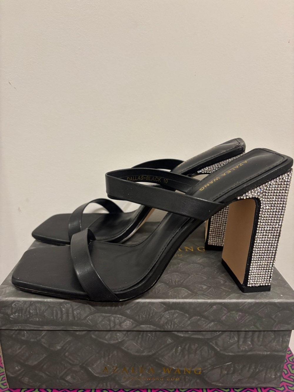 Azalea Wang Black Rhinestone Block Heel Mules